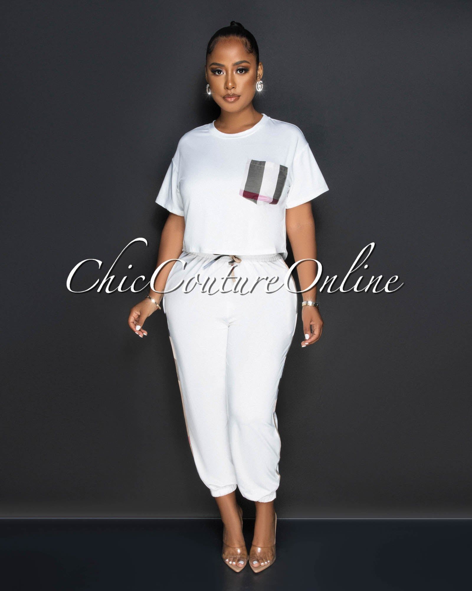 Labbie White Nude Plaid Accent Jogger Set sold by Chic Couture
