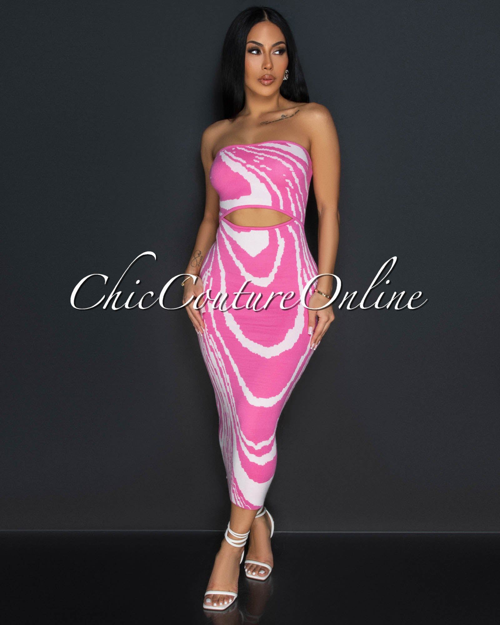 Valonia Pink White Print Cut-Out Tube Midi Dress sold by Chic Couture product image thumbnail 2