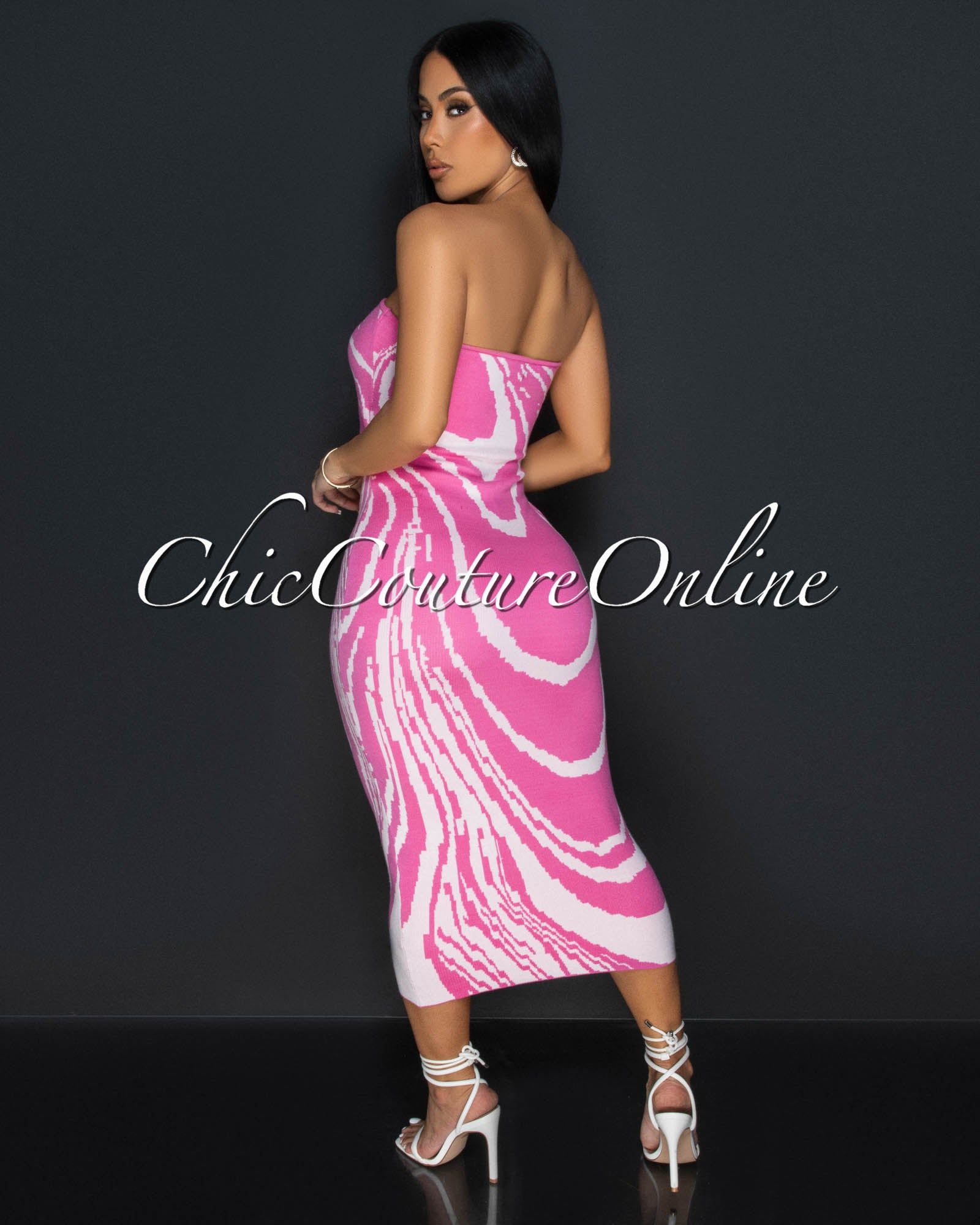 Valonia Pink White Print Cut-Out Tube Midi Dress sold by Chic Couture product image thumbnail 3