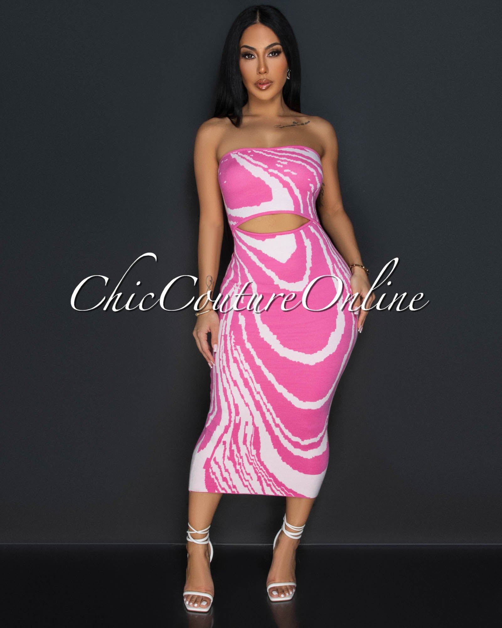 Valonia Pink White Print Cut-Out Tube Midi Dress sold by Chic Couture