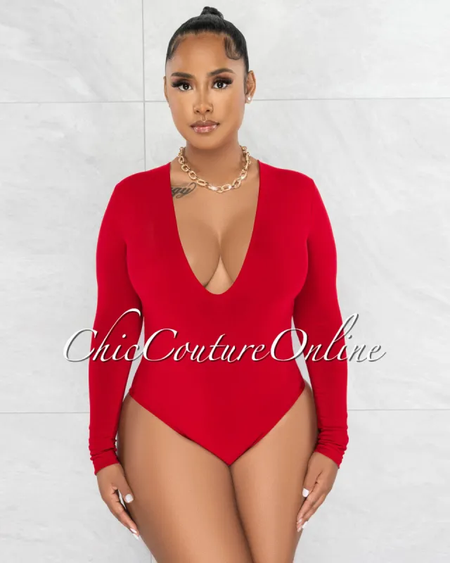 *Nilam Red Deep V Neck Long Sleeves Bodysuit sold by Chic Couture
