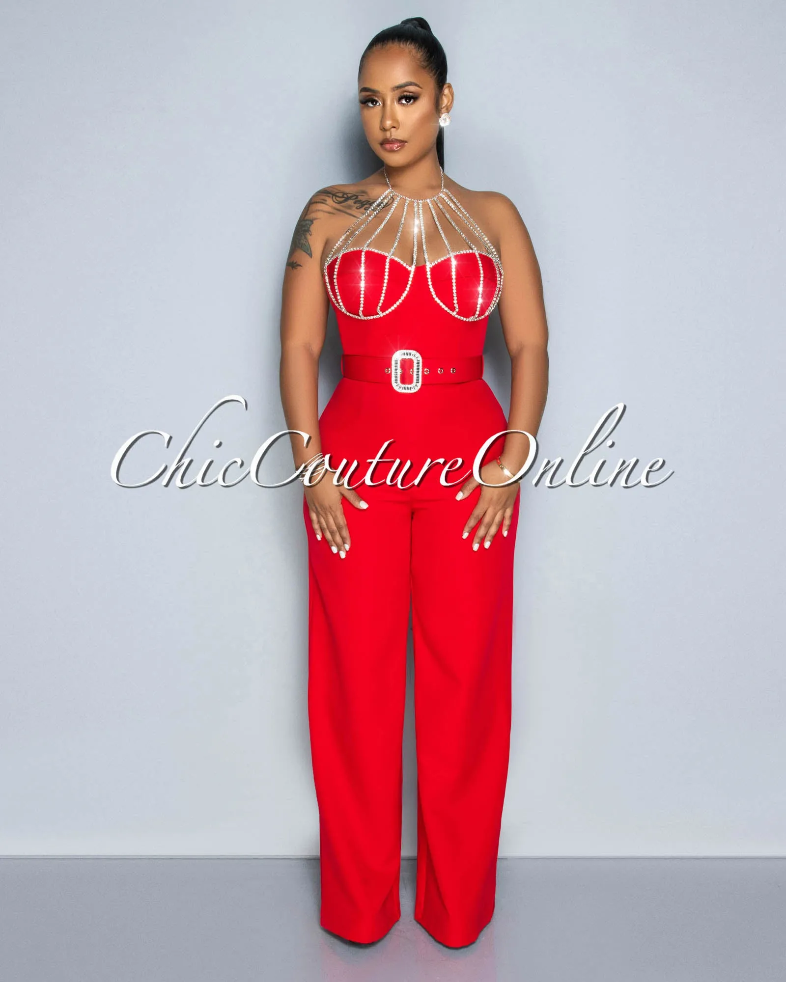 *Paula Red Rhinestones Neckline Silver Buckle Belt Jumpsuit sold by Chic Couture product image thumbnail 3