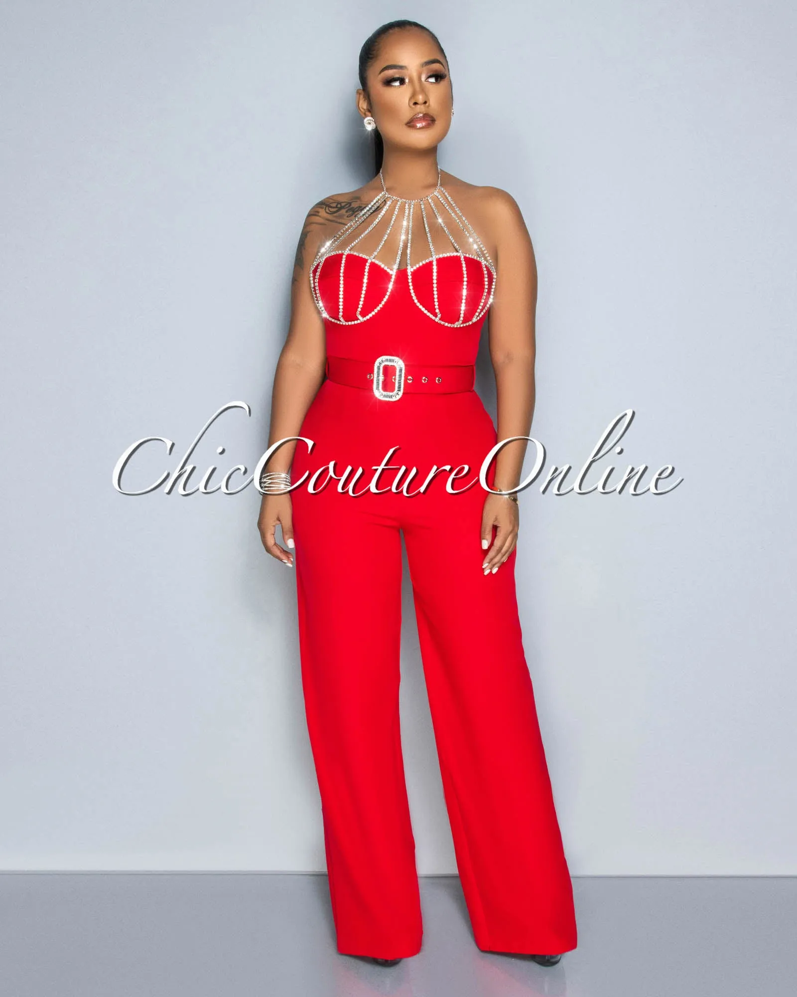 *Paula Red Rhinestones Neckline Silver Buckle Belt Jumpsuit sold by Chic Couture product image thumbnail 2