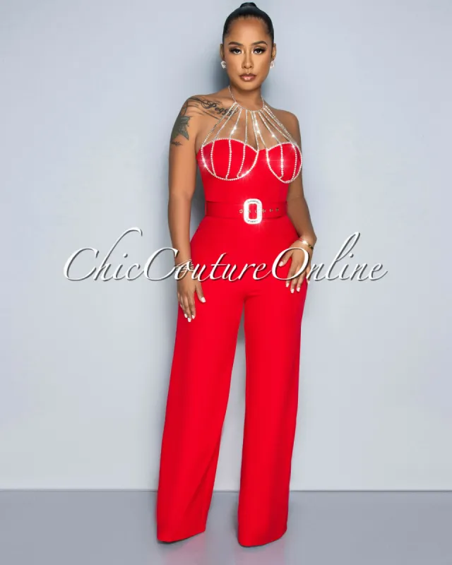 *Paula Red Rhinestones Neckline Silver Buckle Belt Jumpsuit sold by Chic Couture