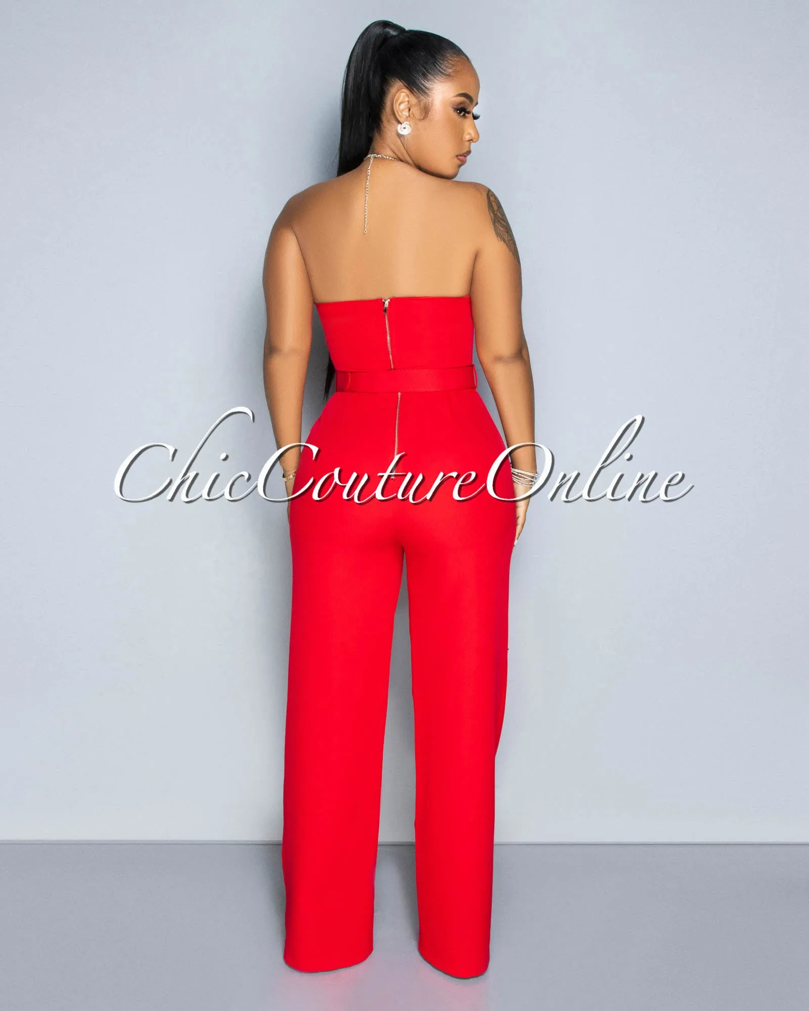 *Paula Red Rhinestones Neckline Silver Buckle Belt Jumpsuit sold by Chic Couture product image thumbnail 4