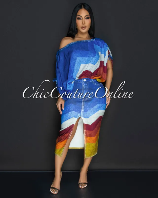 Kisi Denim Multi Print Bubble Top & Skirt Set sold by Chic Couture