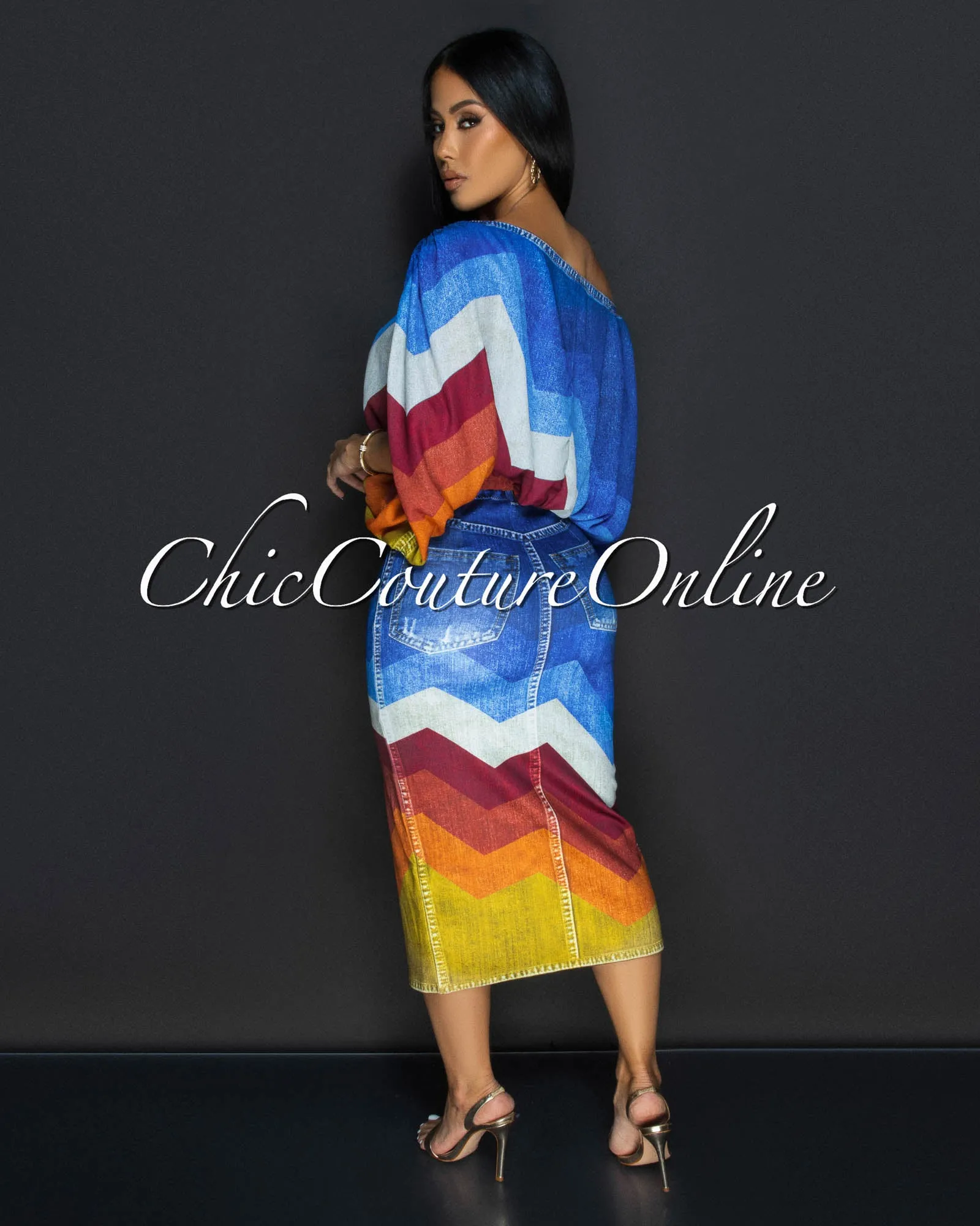 Kisi Denim Multi Print Bubble Top & Skirt Set sold by Chic Couture product image thumbnail 3