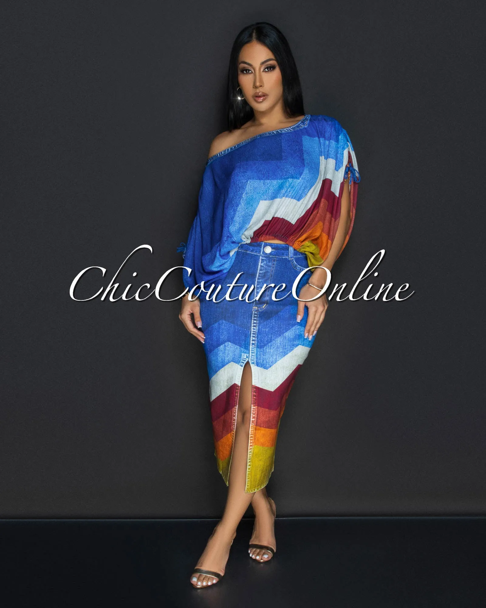 Kisi Denim Multi Print Bubble Top & Skirt Set sold by Chic Couture product image thumbnail 2