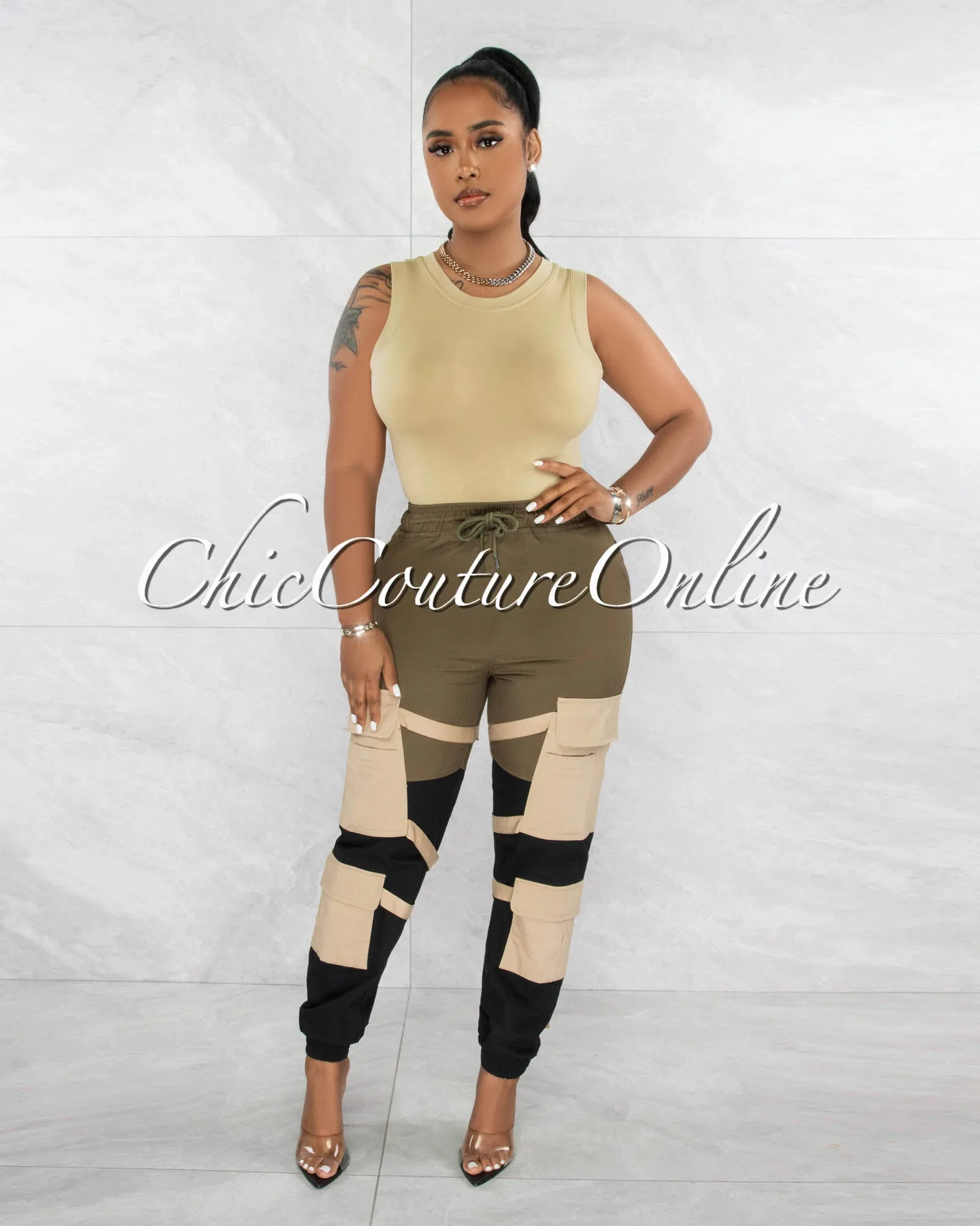 *Karry Olive Black Nude Straps Cargo Jogger Pants sold by Chic Couture product image thumbnail 3