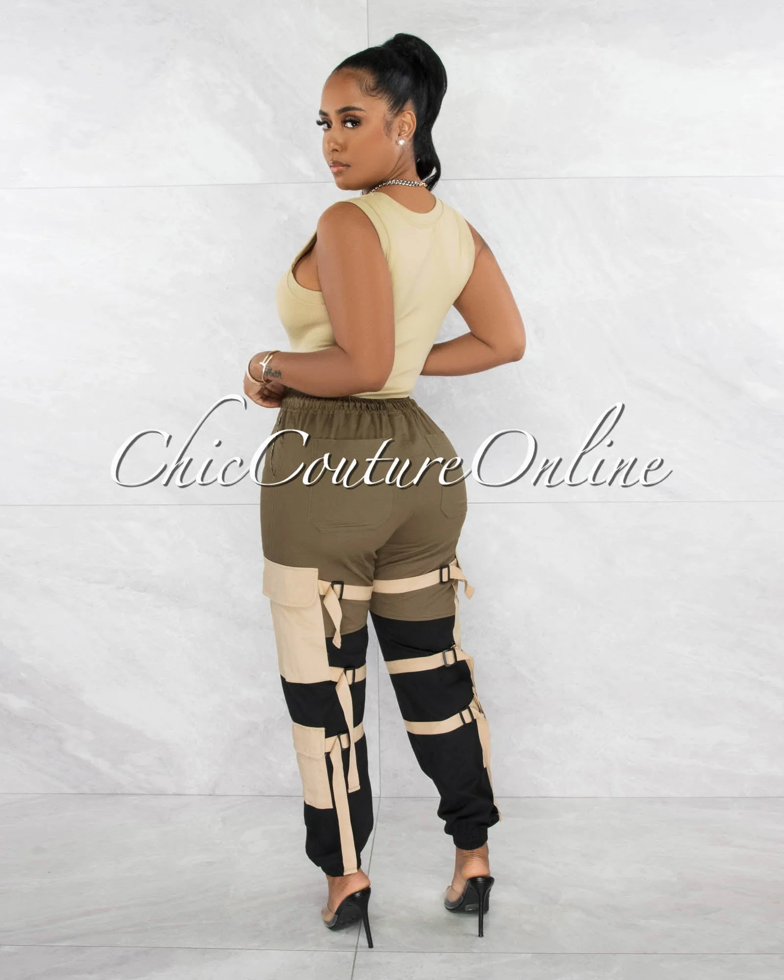 *Karry Olive Black Nude Straps Cargo Jogger Pants sold by Chic Couture product image thumbnail 4