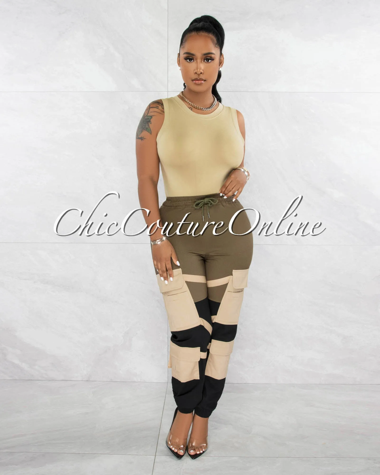 *Karry Olive Black Nude Straps Cargo Jogger Pants sold by Chic Couture product image thumbnail 2