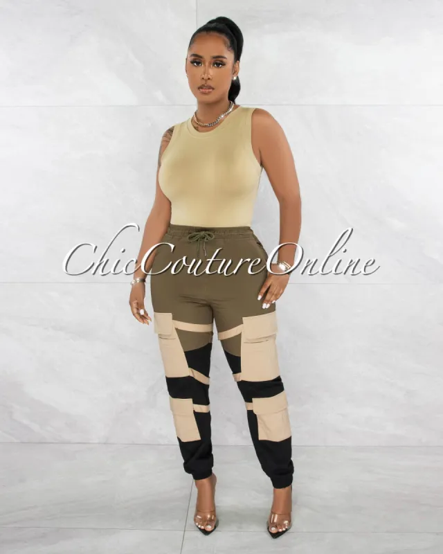 *Karry Olive Black Nude Straps Cargo Jogger Pants sold by Chic Couture