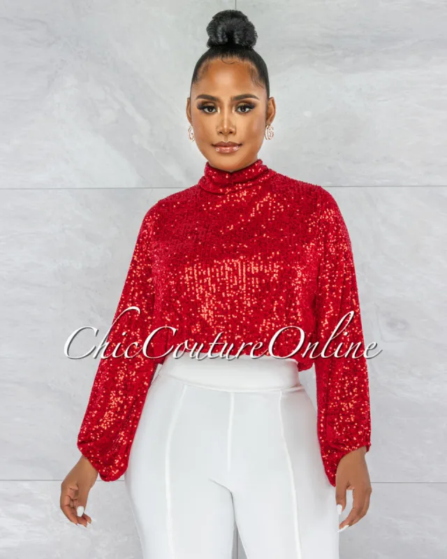 *Marvesa Red Sequins Drape Crop Top sold by Chic Couture