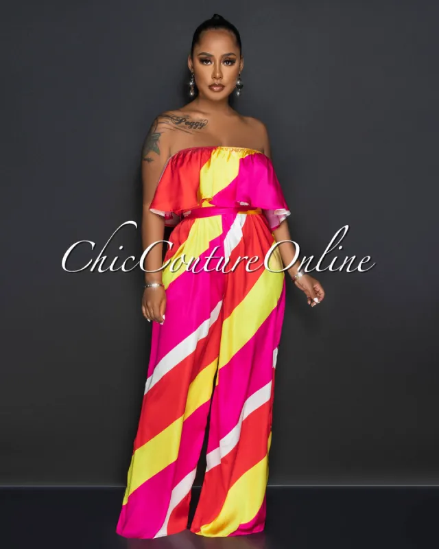 *Mehalia Red Yellow Stripes Off-The Shoulder Silky Jumpsuit sold by Chic Couture