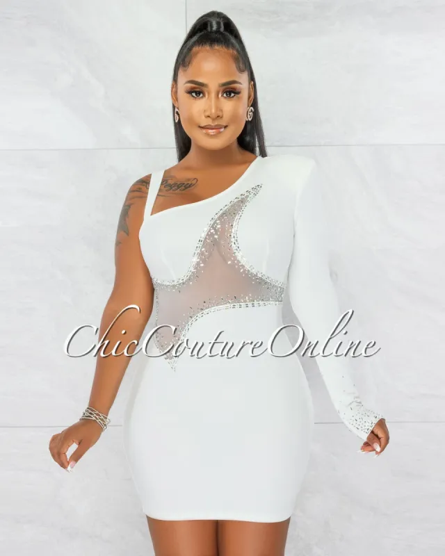 Ymara Off-White Silver Rhinestones Mesh Accent Mini Dress sold by Chic Couture