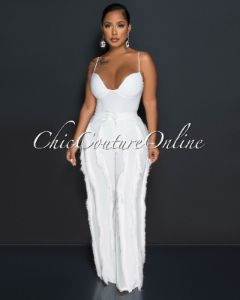 Cofra Off-White Padded Cups Bodysuit & Fringe Pants Set sold by Chic Couture