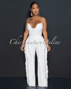 Cofra Off-White Padded Cups Bodysuit & Fringe Pants Set sold by Chic Couture