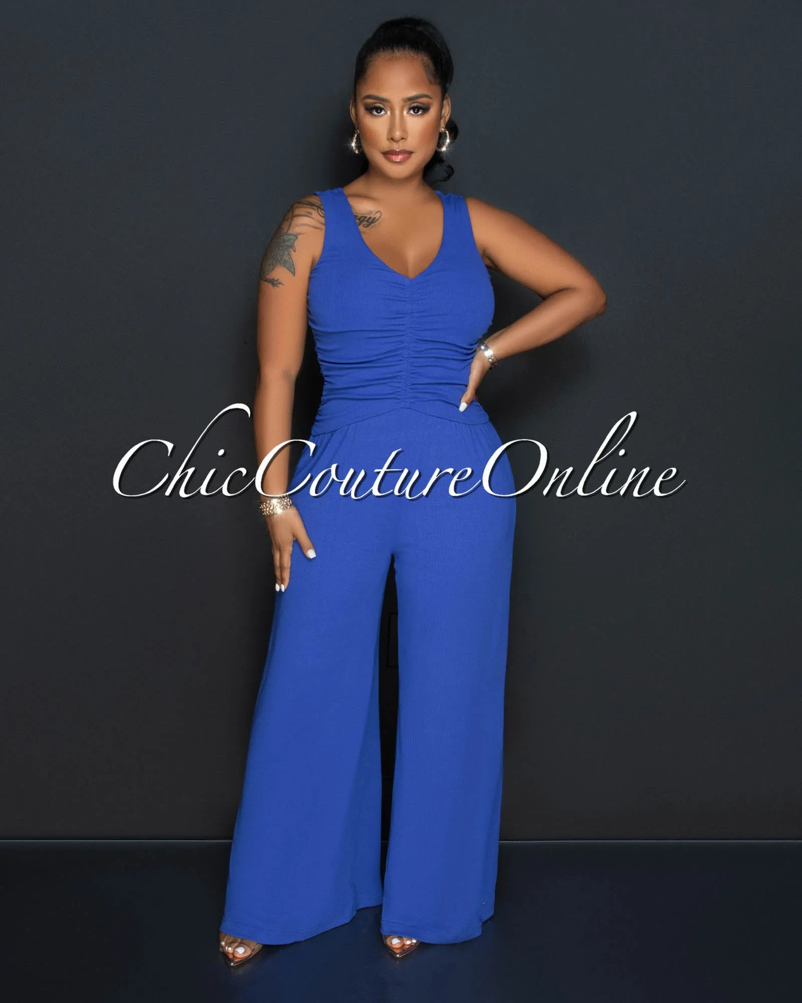 *Beverly Blue Ruched Bust Back Key-Hole Jumpsuit sold by Chic Couture product image thumbnail 3