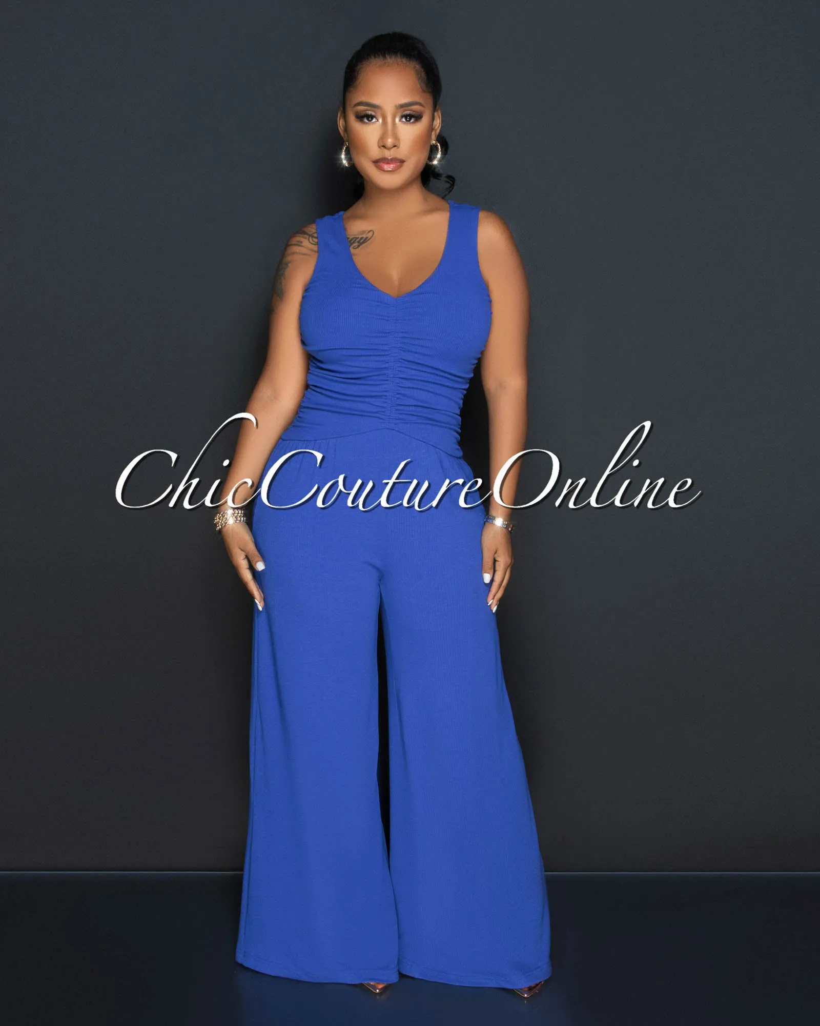 *Beverly Blue Ruched Bust Back Key-Hole Jumpsuit sold by Chic Couture product image thumbnail 2