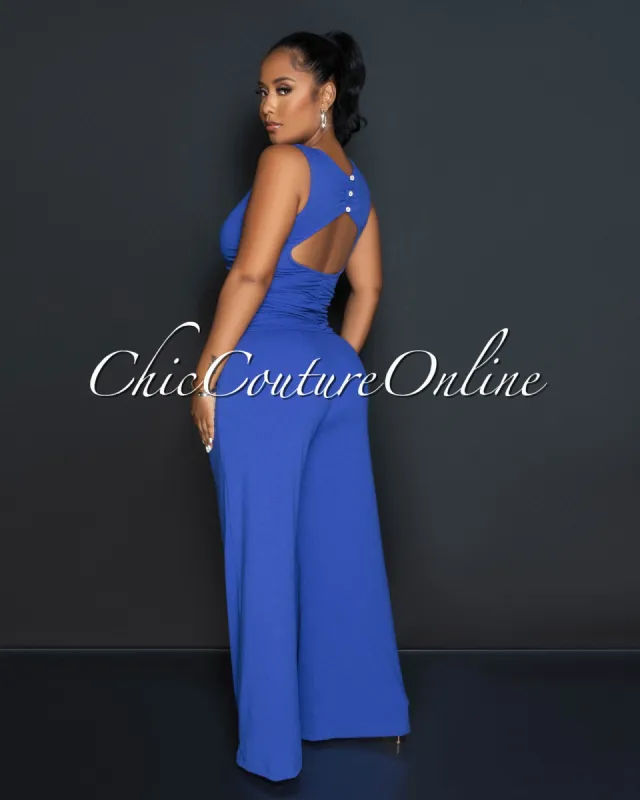 *Beverly Blue Ruched Bust Back Key-Hole Jumpsuit sold by Chic Couture