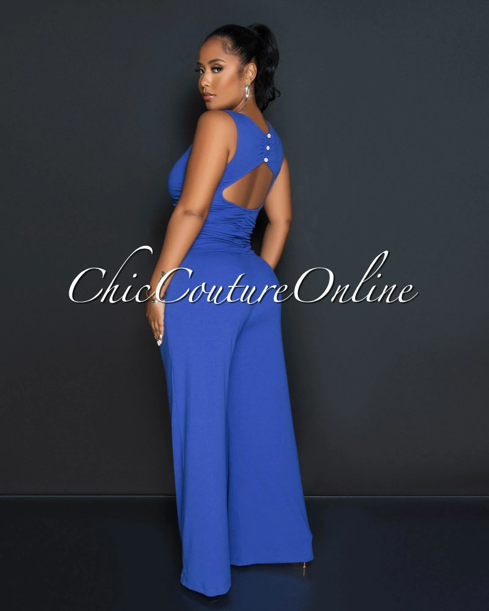 *Beverly Blue Ruched Bust Back Key-Hole Jumpsuit sold by Chic Couture