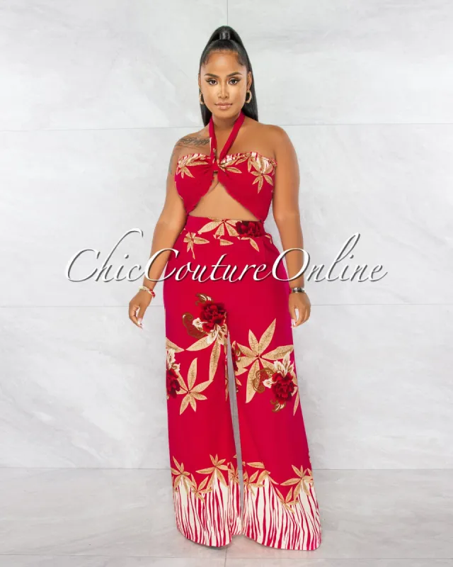 Mayra Fuchsia Multi-Color Print Crop Top & Wide Pants Set sold by chic