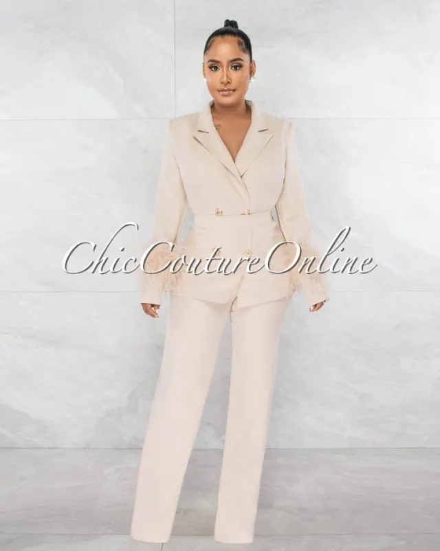 *Geary Nude Feather Cuffs Self-Tie Blazer & Wide Pants Suit Set sold by Chic Couture