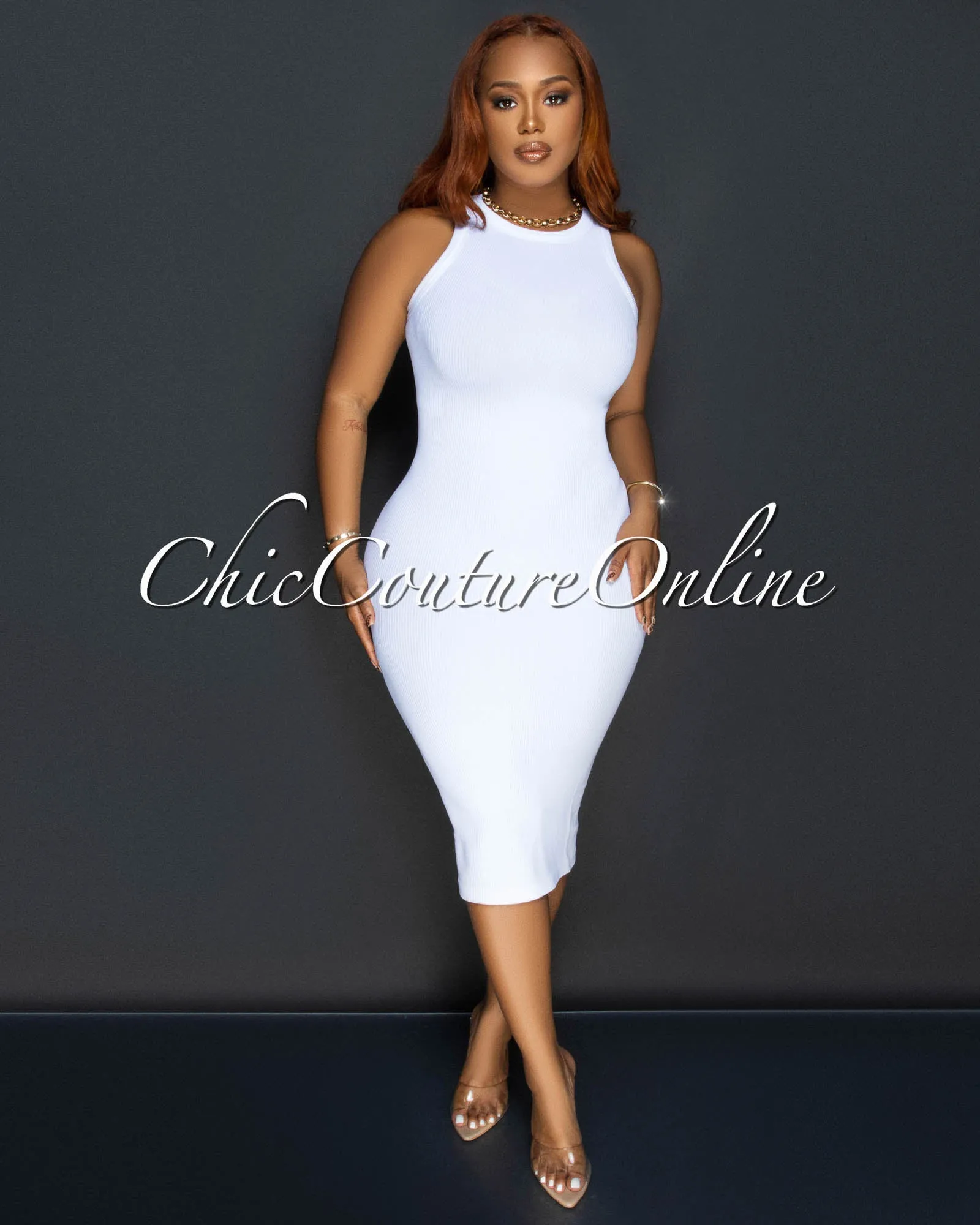 Liona White Sleeveless Ribbed Midi Dress sold by Chic Couture