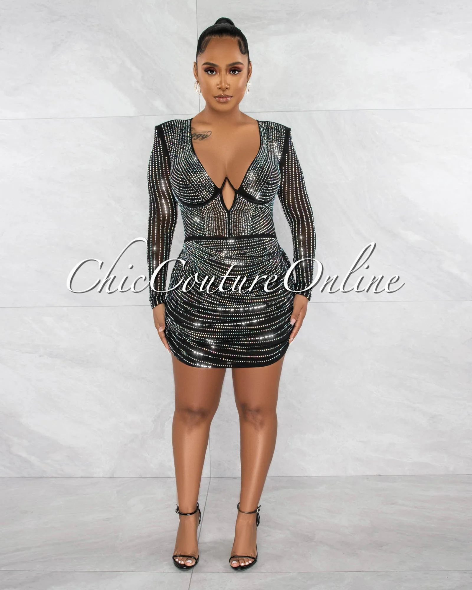 *Davis Black Rhinestones Hem Mesh Dress sold by Chic Couture product image thumbnail 2