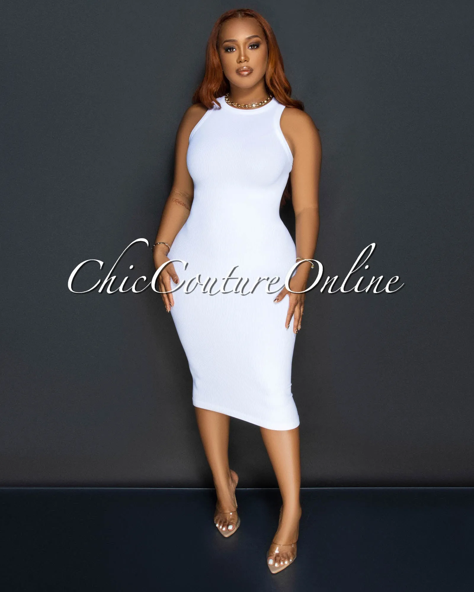 Liona White Sleeveless Ribbed Midi Dress sold by Chic Couture product image thumbnail 2