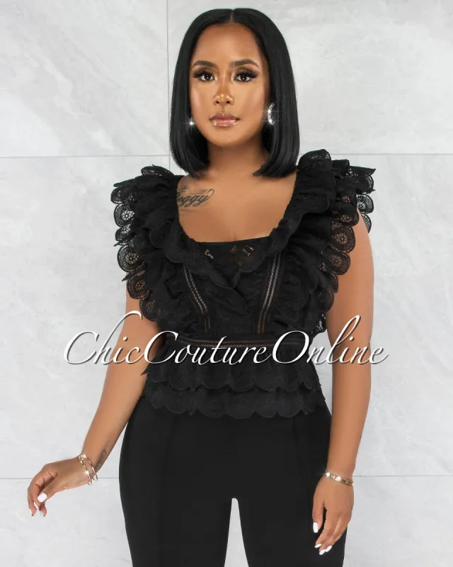 *Tarella Black Crochet See-Through Ruffle Crop Top sold by Chic Couture