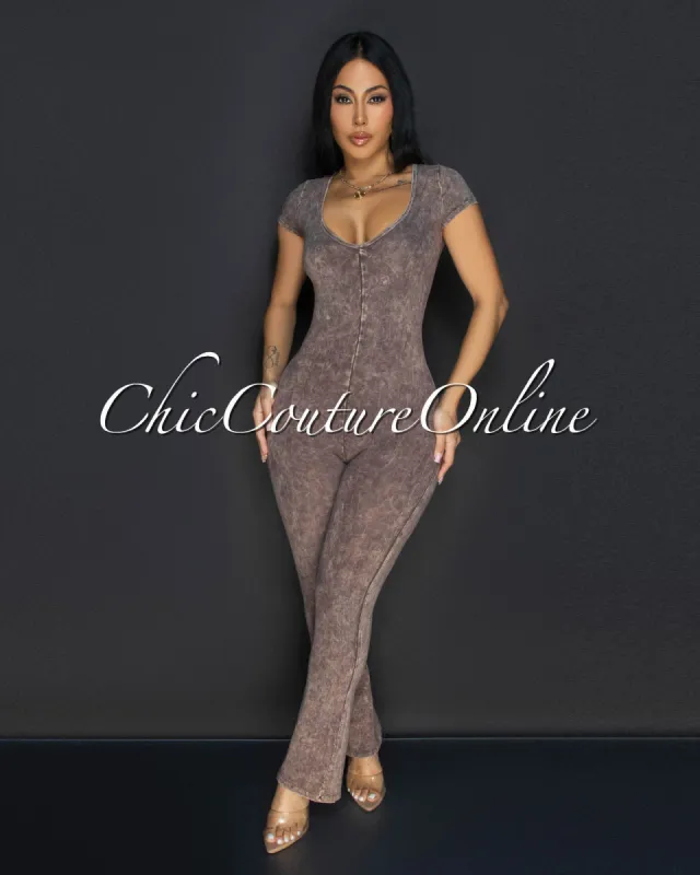 Polina Mocha Acid Wash Jumpsuit sold by Chic Couture