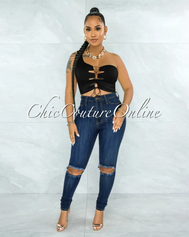 *Shana Dark Denim High-Waist Destroyed Knee Skinny Jeans sold by Chic Couture