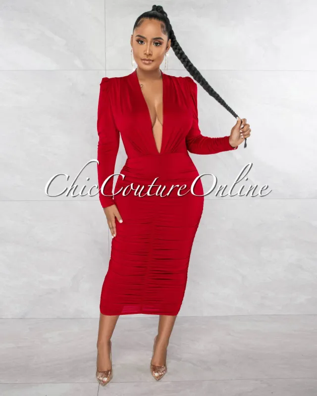 Yelena Red Deep V-Neck Ruched Midi Dress sold by chic