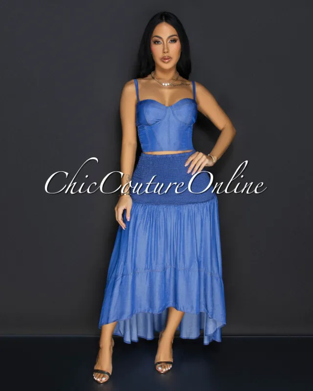 Ordette Denim Blue Bustier Top Skirt Set sold by Chic Couture