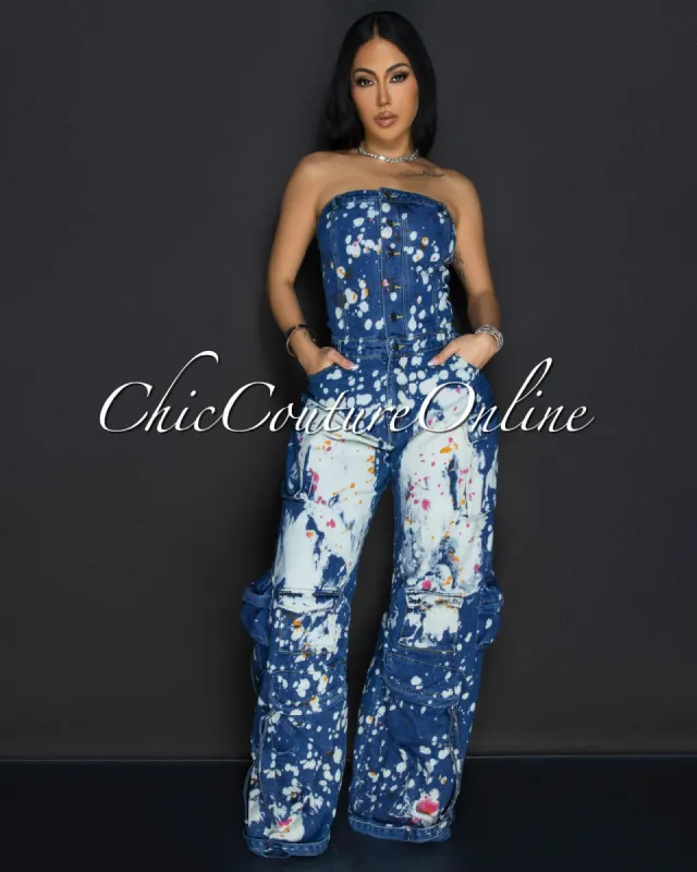 Whitney Medium Denim Strapless Cargo Paint-Dye Jumpsuit sold by Chic Couture