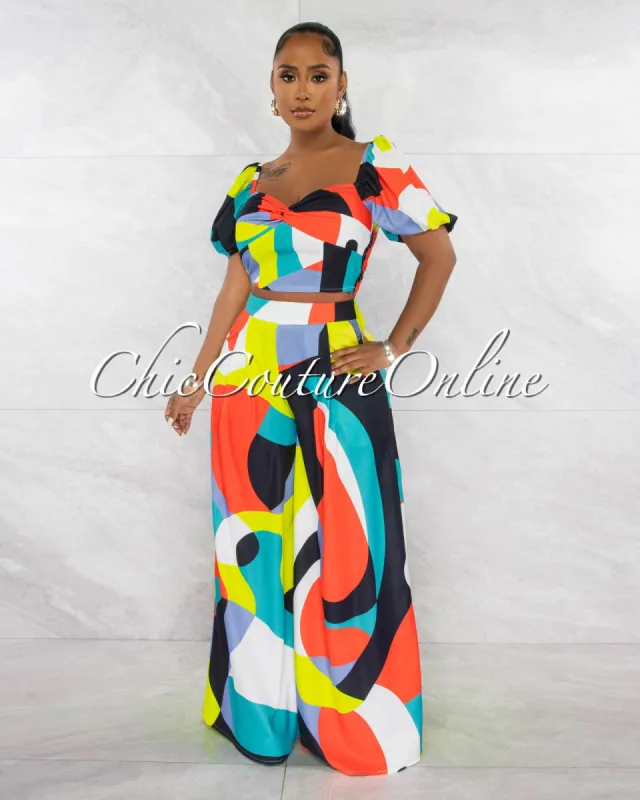 *Caricia Multi-Color Print Crop Top & Wide Pants Set sold by Chic Couture