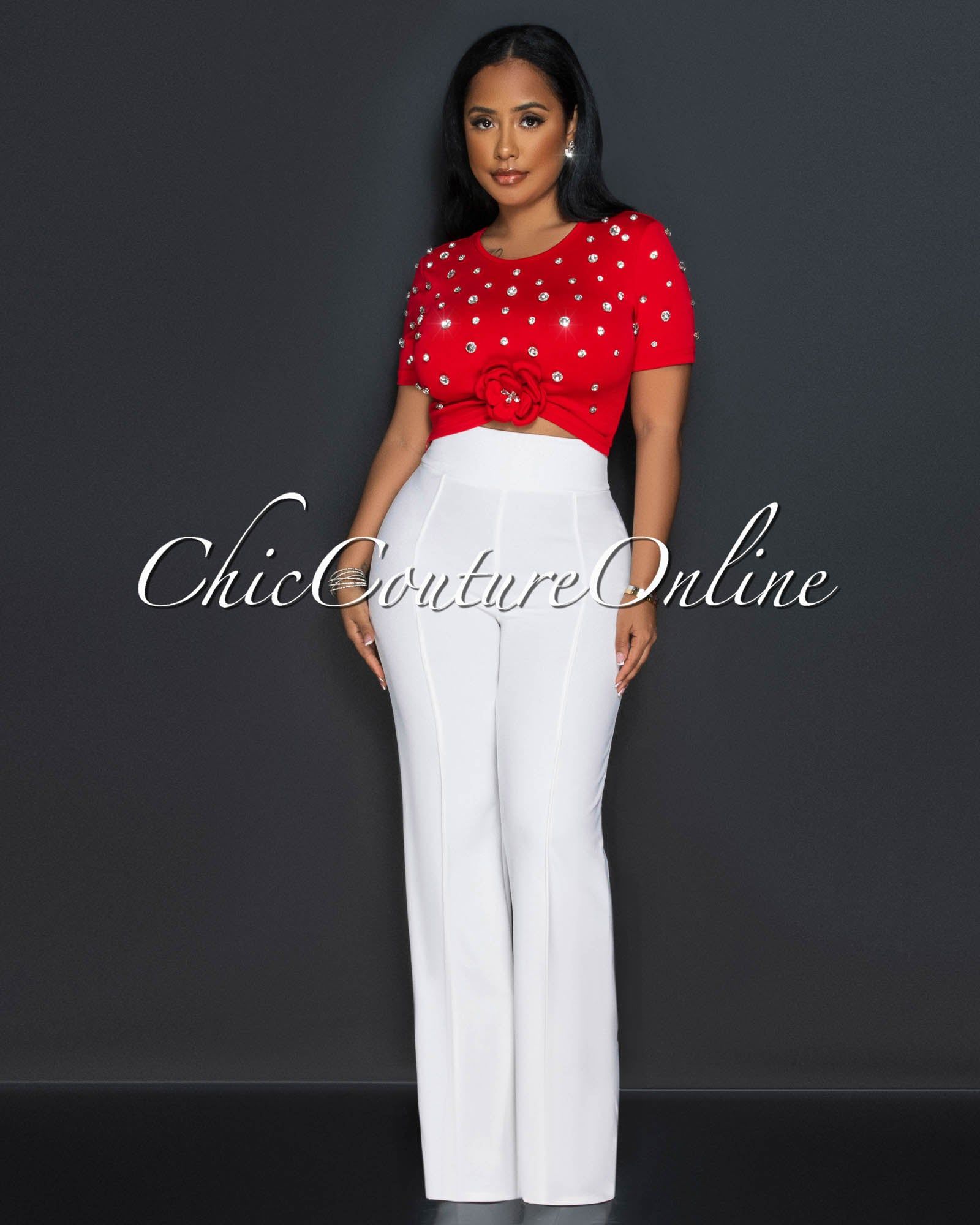 Wagner Red Flower & Rhinestones Crop Top sold by Chic Couture product image thumbnail 2