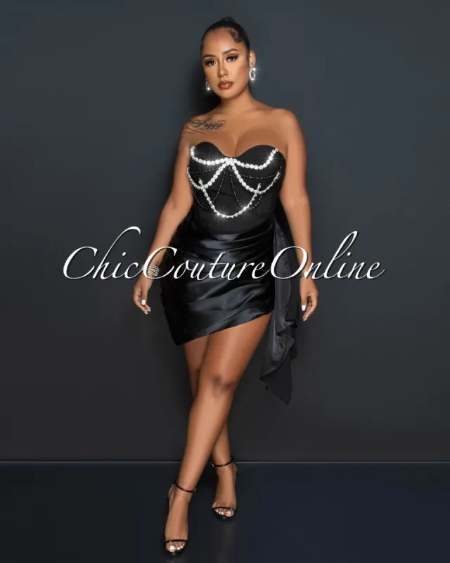 *Janel Black Rhinestones Silky Draped Overlay Bodysuit Dress sold by Chic Couture