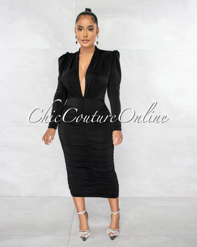Yelena Black Deep V-Neck Ruched Midi Dress sold by Chic Couture
