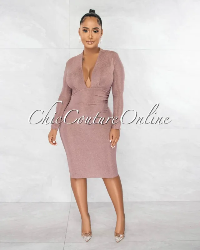 *Dwyer Mauve Shimmer V-Neck Draped Waist Dress sold by Chic Couture