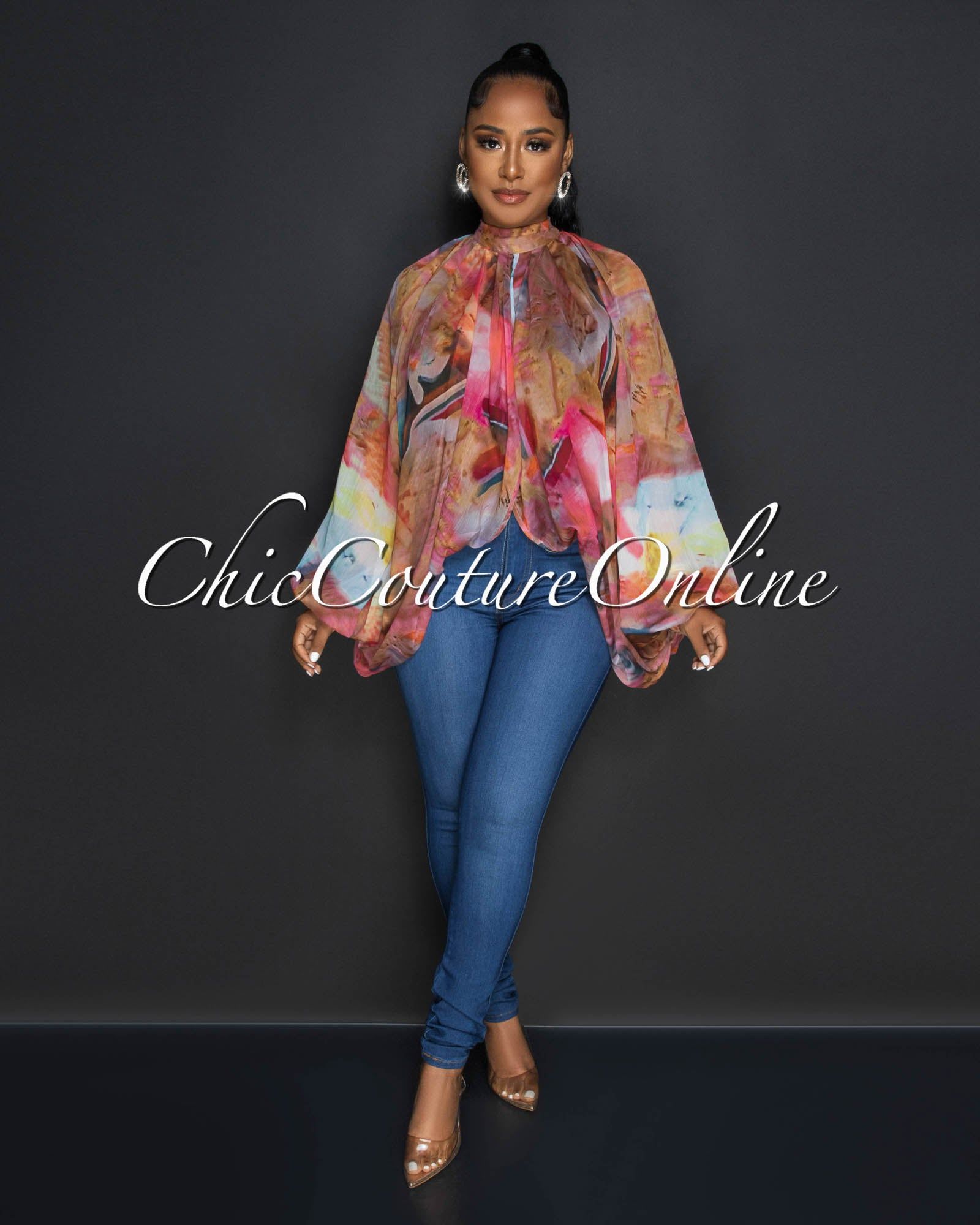 Ella Brown Multi-Color Print Sheer Flowy Top sold by chic product image thumbnail 2