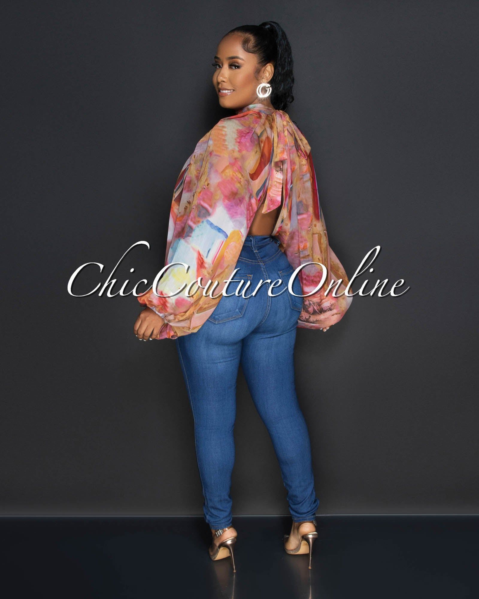 Ella Brown Multi-Color Print Sheer Flowy Top sold by chic product image thumbnail 3