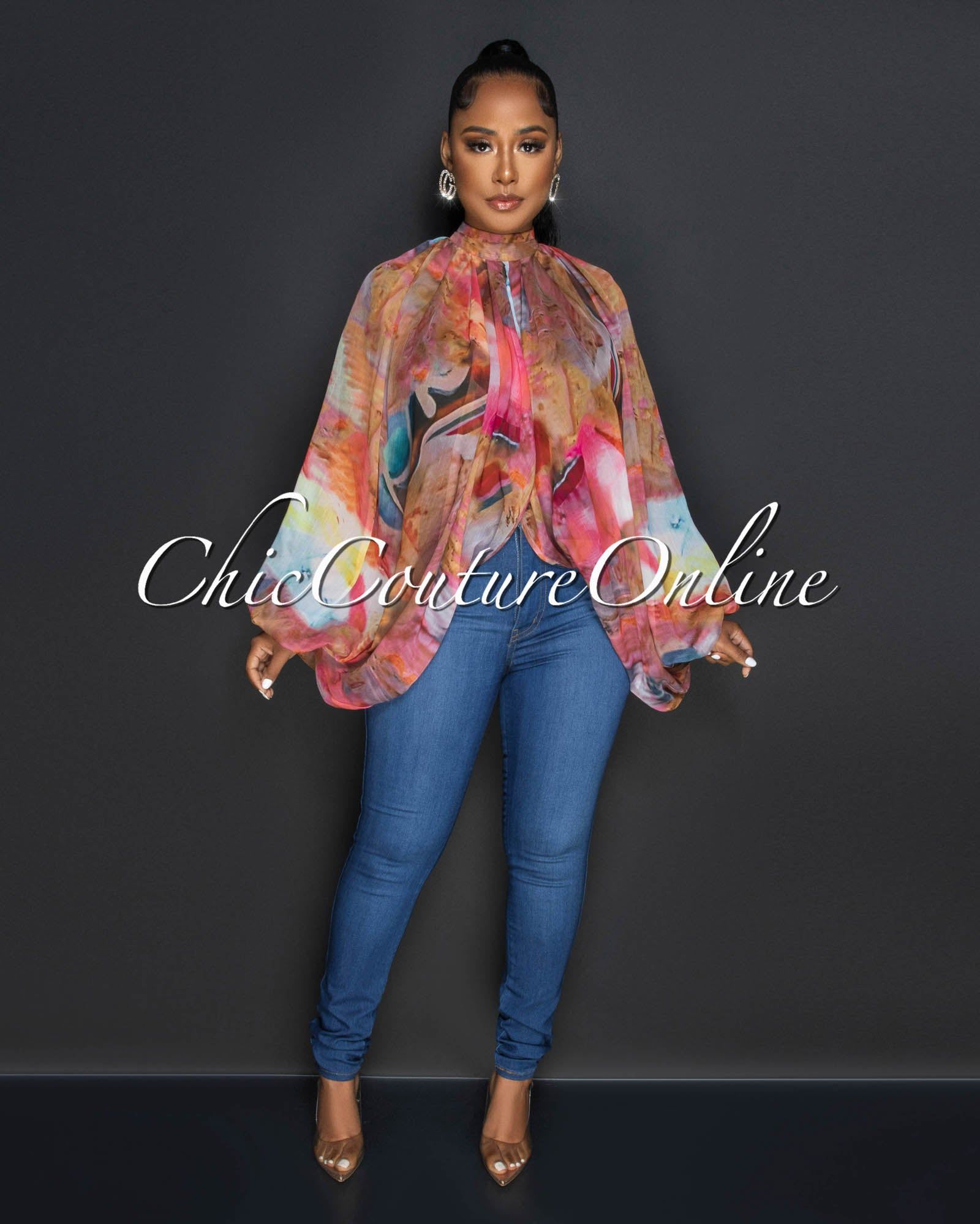 Ella Brown Multi-Color Print Sheer Flowy Top sold by chic