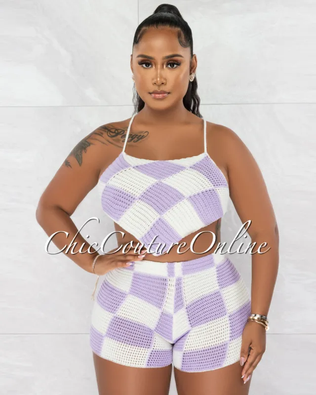 Egeria White Lilac Print Crop Top & Shorts Crochet Set sold by Chic Couture