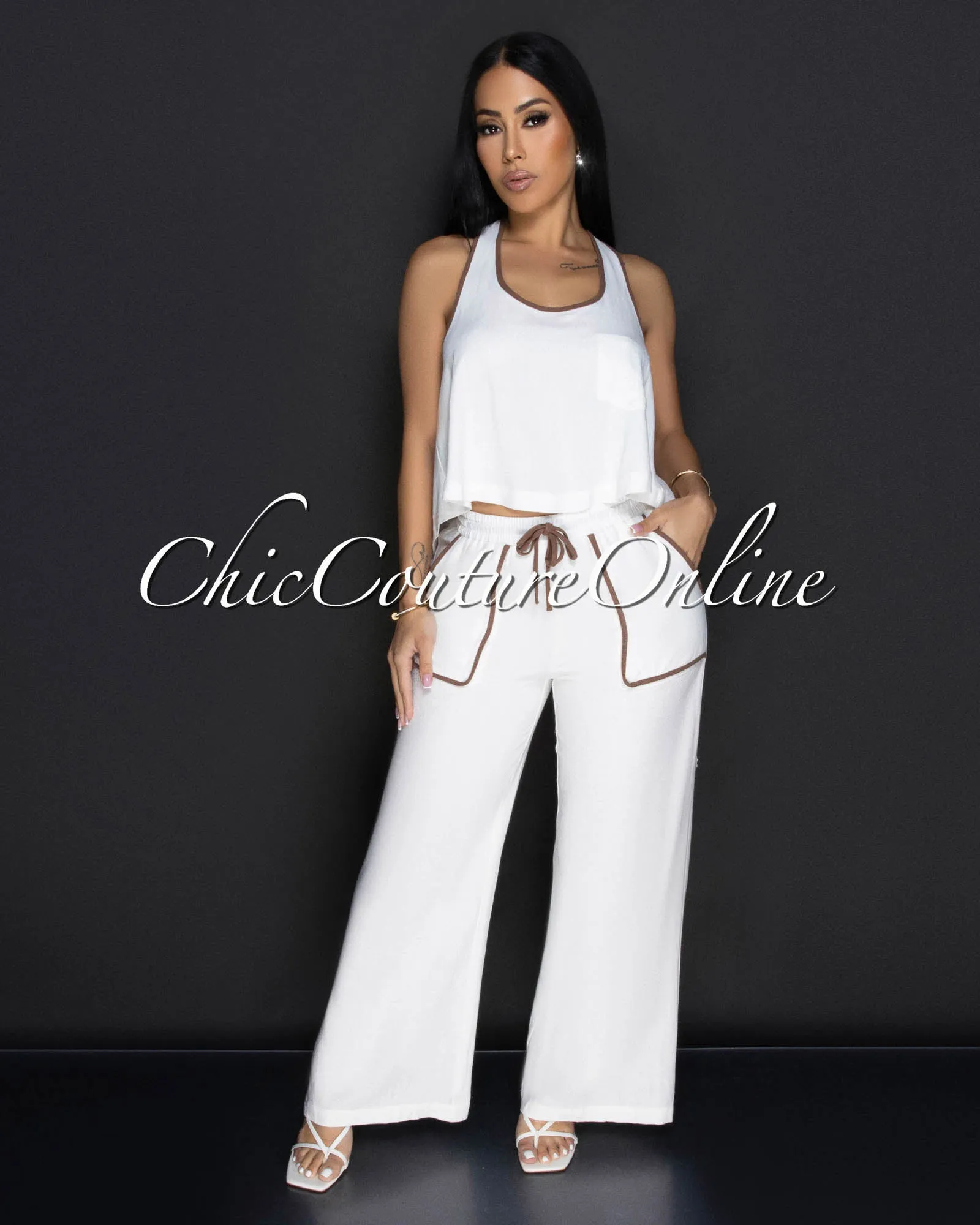 Vianna White Brown Trim Crop Top & Pants Linen Set sold by Chic Couture