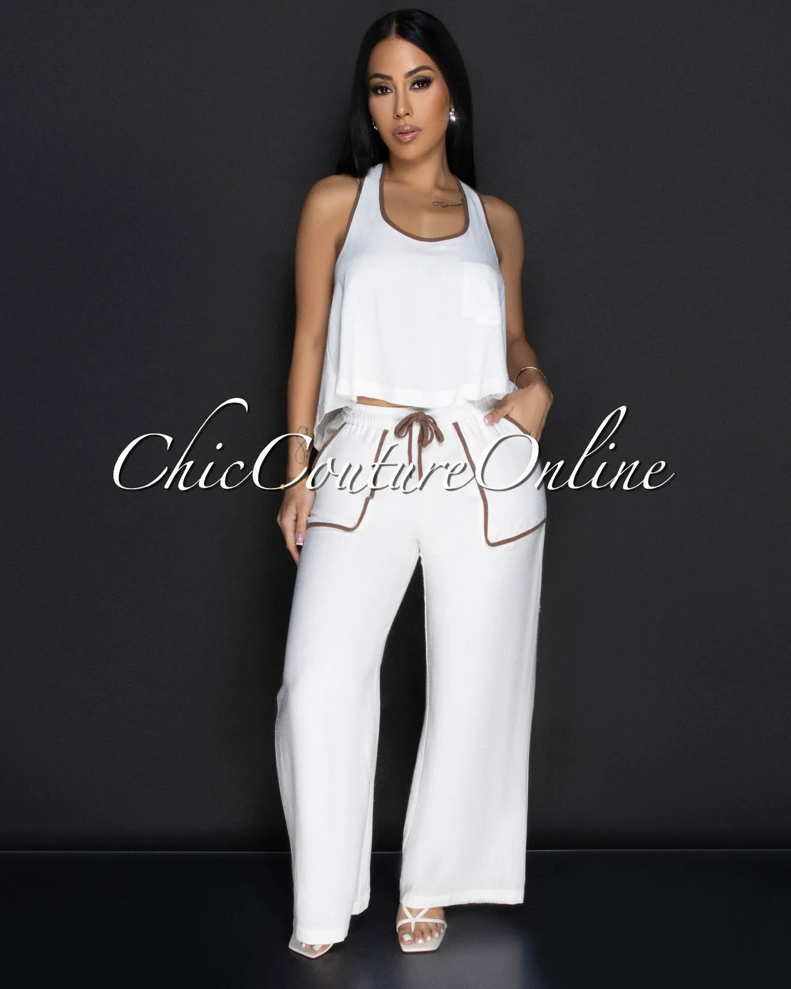 Vianna White Brown Trim Crop Top & Pants Linen Set sold by Chic Couture product image thumbnail 2