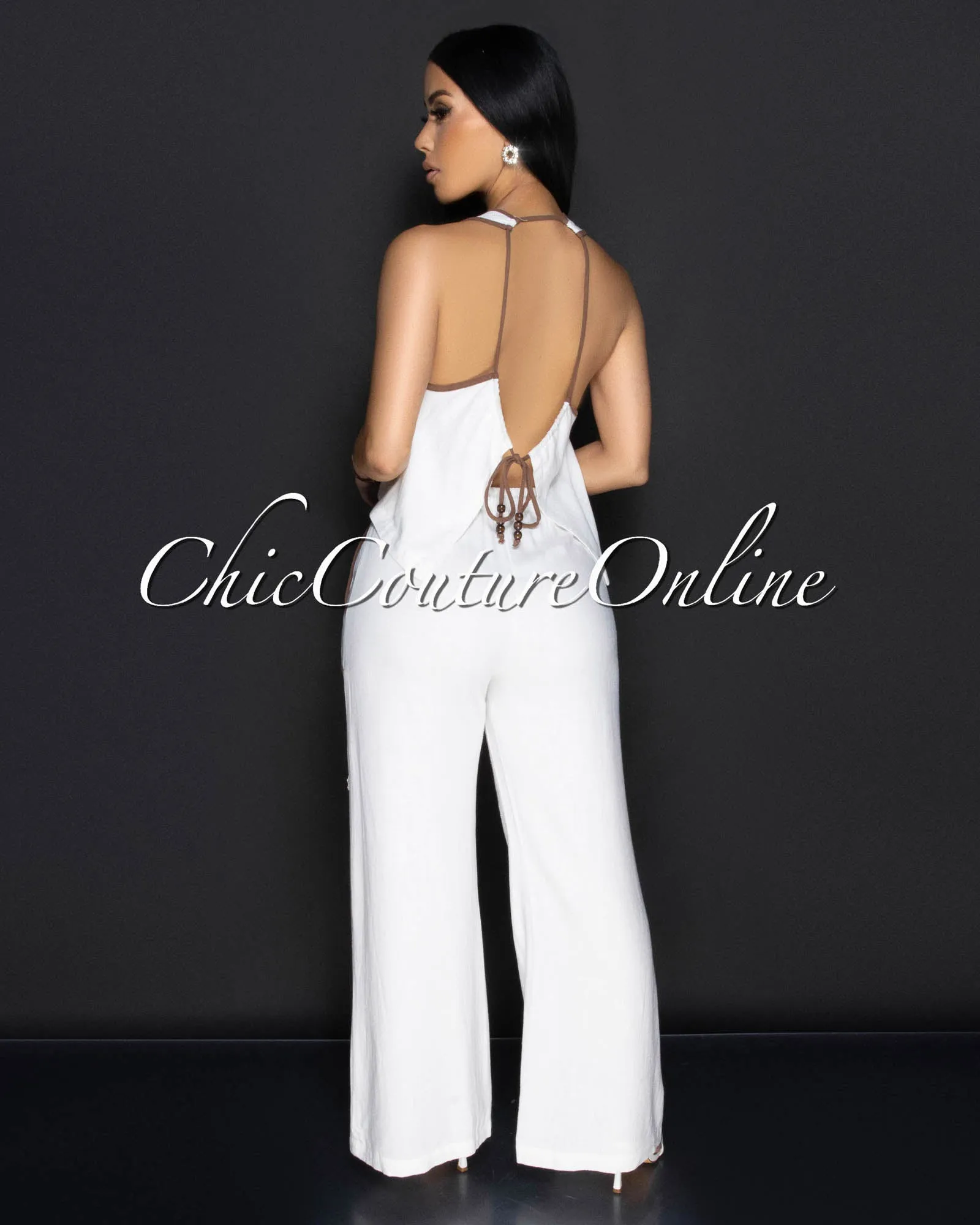 Vianna White Brown Trim Crop Top & Pants Linen Set sold by Chic Couture product image thumbnail 4