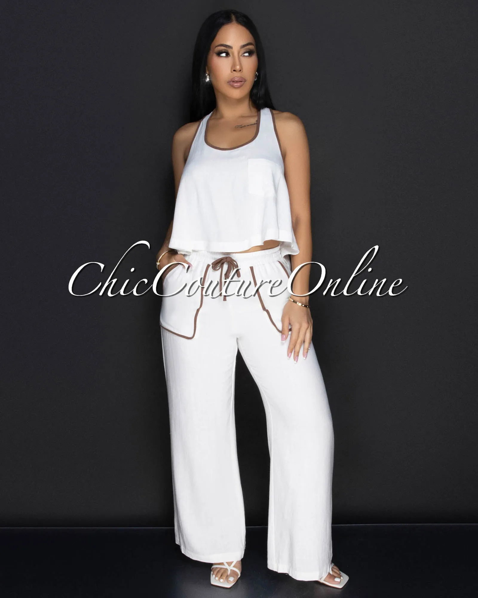 Vianna White Brown Trim Crop Top & Pants Linen Set sold by Chic Couture product image thumbnail 3