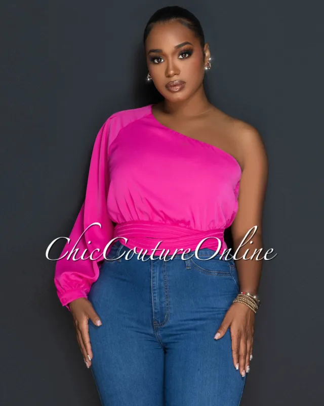 Madeline Fuchsia Single Shoulder Crop Top sold by Chic Couture